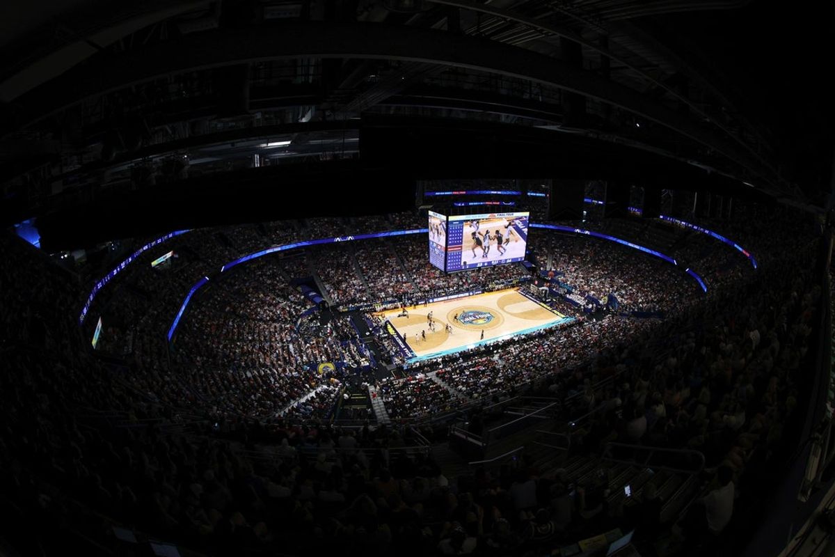 Apr 6, 2025; Tampa, FL, USA; A general view during the first half of the national championship of the women's 2025 NCAA tournament between the South Carolina Gamecocks and the Connecticut Huskies at Amalie Arena. Mandatory Credit: Nathan Ray Seebeck-Imagn Images