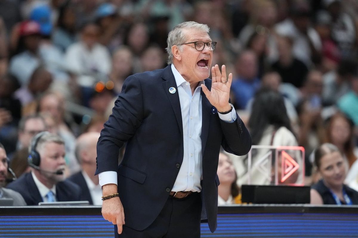 Apr 6, 2025; Tampa, FL, USA; Connecticut Huskies head coach Geno Auriemma reacts during the second half against the South Carolina Gamecocks of the national championship of the women's 2025 NCAA tournament at Amalie Arena. Mandatory Credit: Kirby Lee-Imagn Images