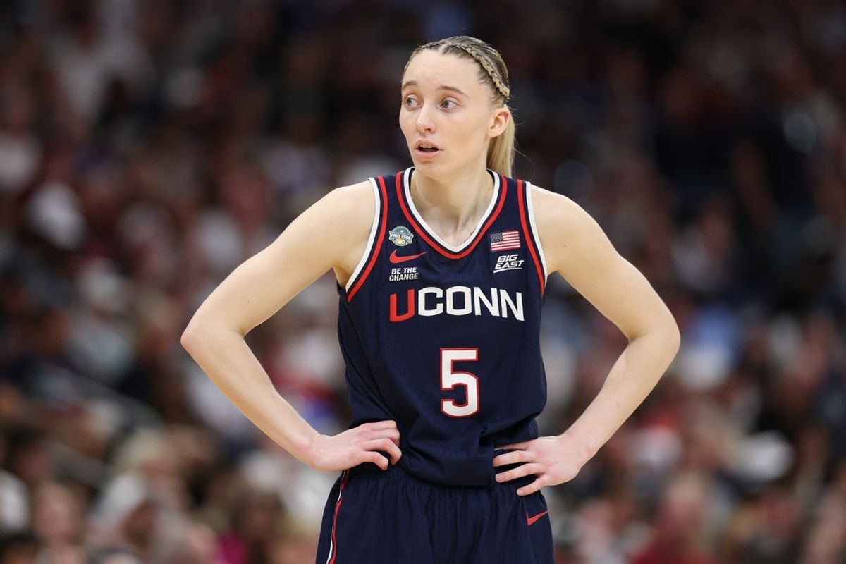Apr 6, 2025; Tampa, FL, USA; Connecticut Huskies guard Paige Bueckers (5) looks on during the second half of the national championship of the women's 2025 NCAA tournament against the South Carolina Gamecocks at Amalie Arena. Mandatory Credit: Nathan Ray Seebeck-Imagn Images