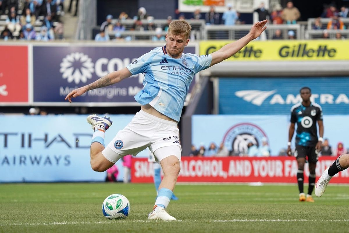 Apr 6, 2025; New York, New York, USA; New York City FC midfielder Keaton Parks (55) steps into a kick during the second half against Minnesota United at Yankee Stadium. Mandatory Credit: Lucas Boland-Imagn Images