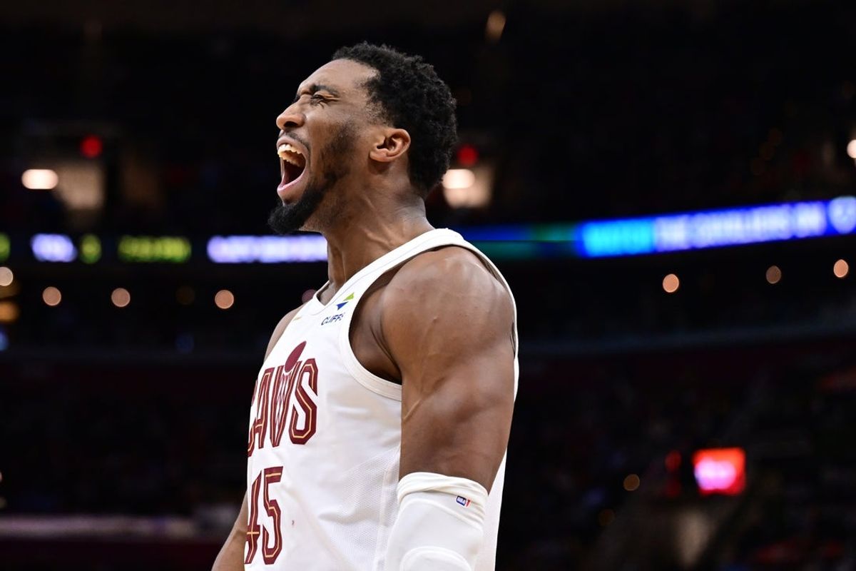 Apr 6, 2025; Cleveland, Ohio, USA; Cleveland Cavaliers guard Donovan Mitchell (45) reacts after a play during the second half against the Sacramento Kings at Rocket Arena. Mandatory Credit: Ken Blaze-Imagn Images