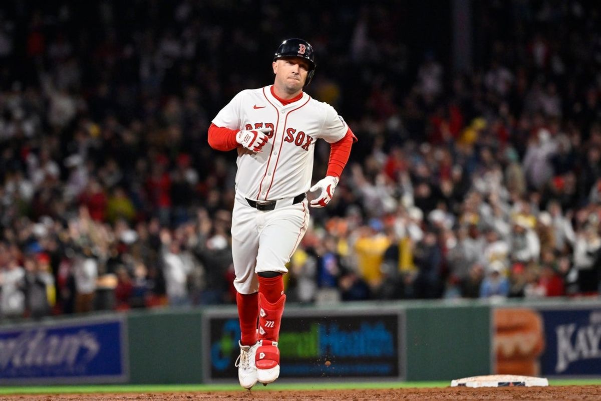 Apr 6, 2025; Boston, Massachusetts, USA; Boston Red Sox third baseman Alex Bregman (2) runs the bases after hitting a three run home run against the St. Louis Cardinals during the third inning at Fenway Park. Mandatory Credit: Eric Canha-Imagn Images