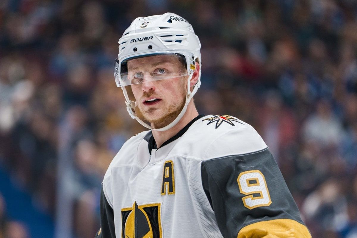 Apr 6, 2025; Vancouver, British Columbia, CAN; Vegas Golden Knights forward Jack Eichel (9) during a stop in play against the Vegas Golden Knights in the third period at Rogers Arena. Mandatory Credit: Bob Frid-Imagn Images
