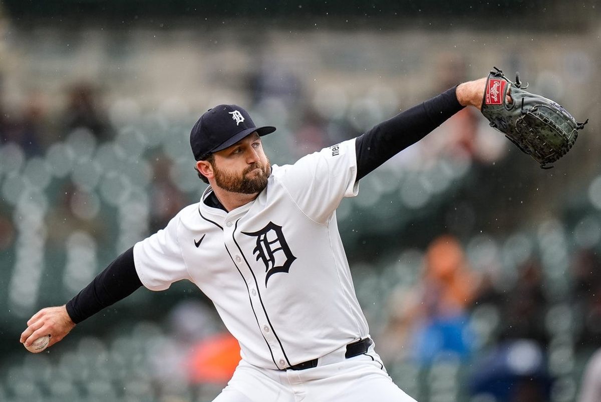 Detroit Tigers pitcher Casey Mize (12) throws against New York Yankees during the second inning at Comerica Park in Detroit on Monday, April 7, 2025.