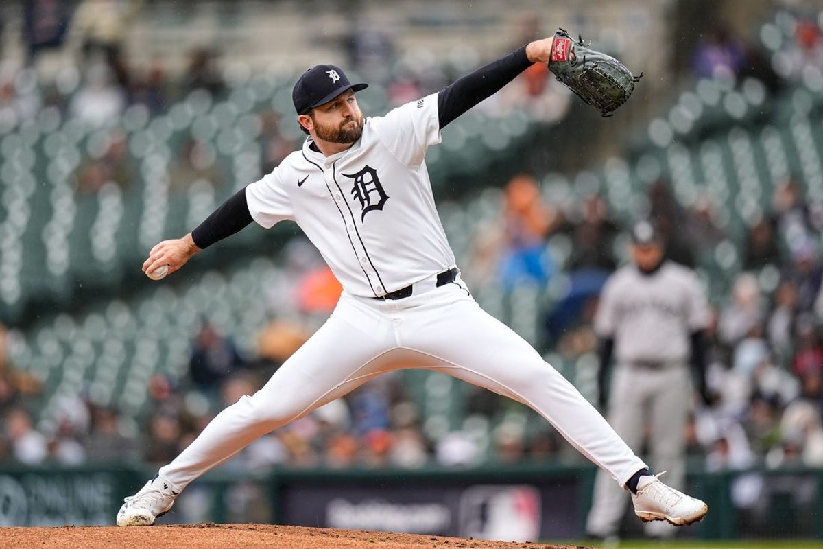 Detroit Tigers pitcher Casey Mize (12) throws against New York Yankees during the second inning at Comerica Park in Detroit on Monday, April 7, 2025.
