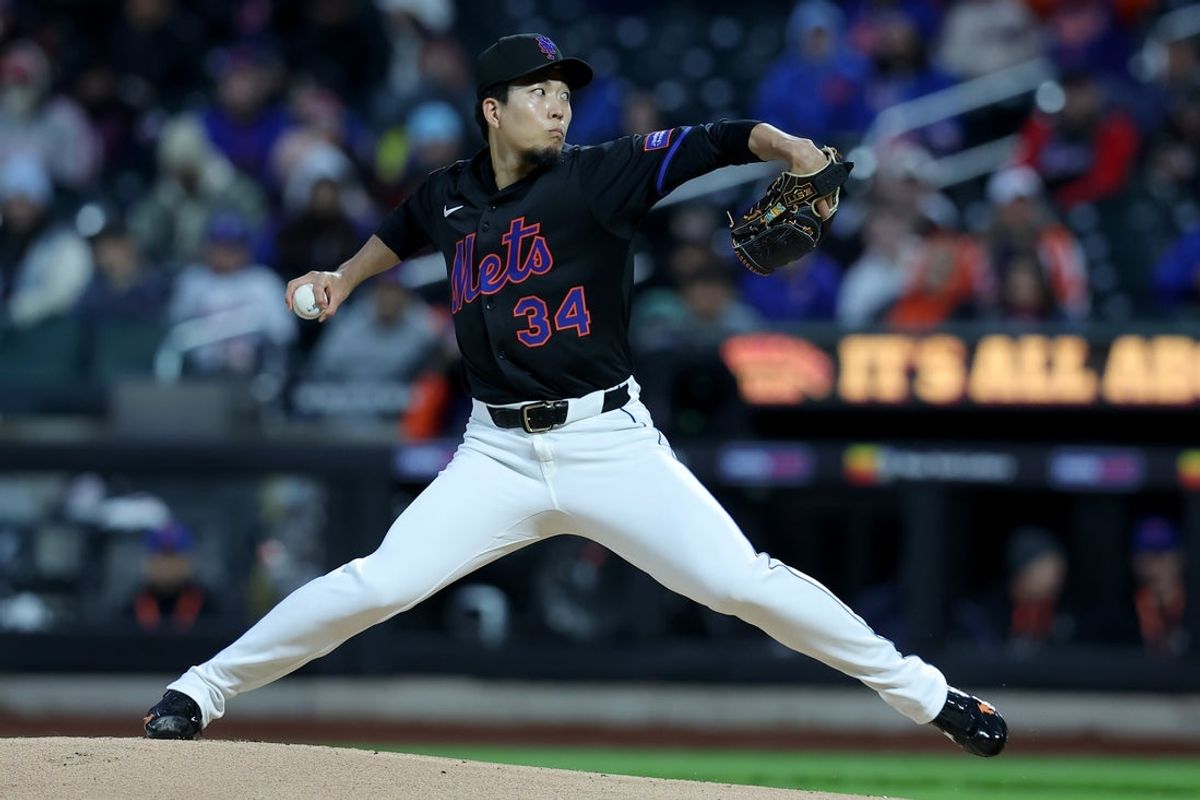 Apr 7, 2025; New York City, New York, USA; New York Mets starting pitcher Kodai Senga (34) pitches against Miami Marlins during the first inning at Citi Field. Mandatory Credit: Brad Penner-Imagn Images
