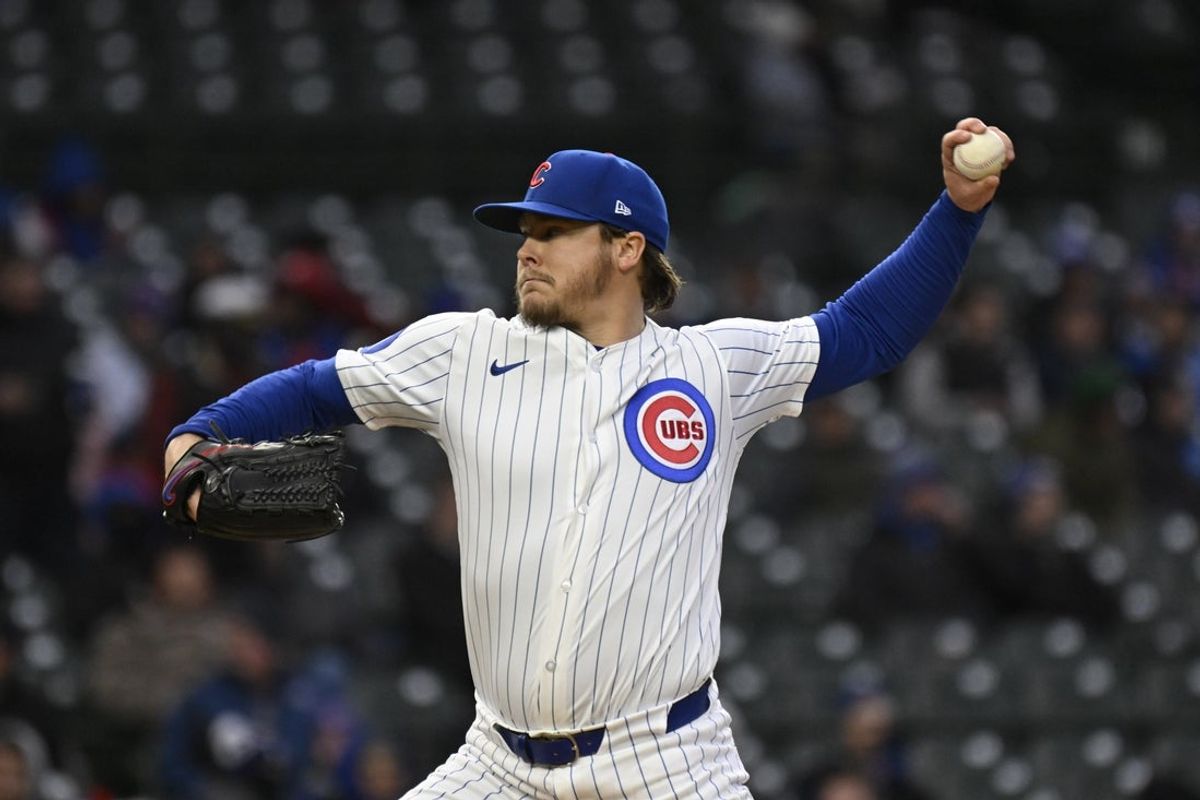 Apr 7, 2025; Chicago, Illinois, USA;  Chicago Cubs pitcher Justin Steele (35) delivers against the Texas Rangers during the first inning at Wrigley Field. Mandatory Credit: Matt Marton-Imagn Images