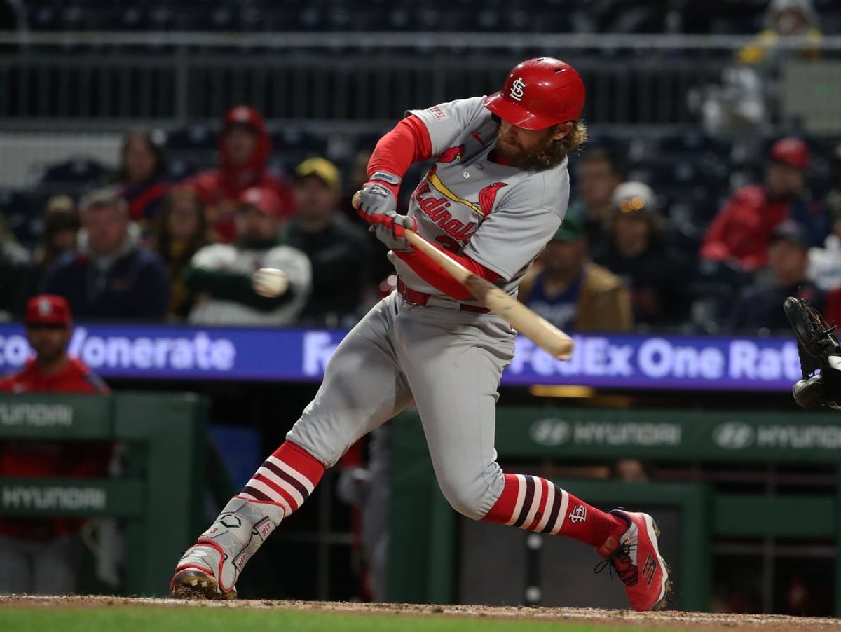 Apr 7, 2025; Pittsburgh, Pennsylvania, USA;  St. Louis Cardinals second baseman Brendan Donovan (33) hits an RBI single against the Pittsburgh Pirates during the fifth inning at PNC Park. Mandatory Credit: Charles LeClaire-Imagn Images