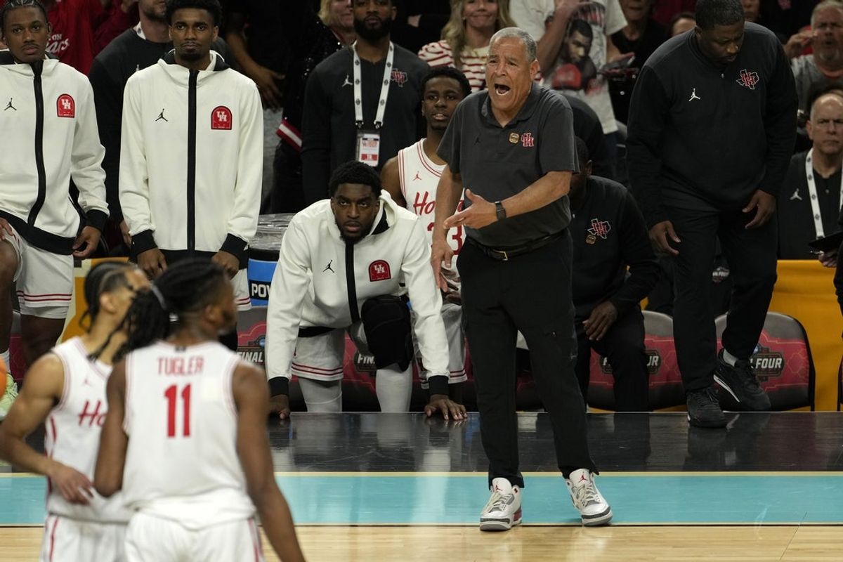 Apr 7, 2025; San Antonio, TX, USA; Houston Cougars head coach Kelvin Sampson reacts during the first half in the national championship game of the Final Four of the 2025 NCAA Tournament at the Alamodome.Mandatory Credit: Scott Wachter-Imagn Images