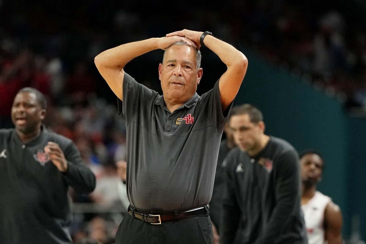 Apr 7, 2025; San Antonio, TX, USA; Houston Cougars head coach Kelvin Sampson reacts after a play against the Florida Gators during the second half of the national championship game of the Final Four of the 2025 NCAA Tournament at the Alamodome. Mandatory Credit: Bob Donnan-Imagn Images