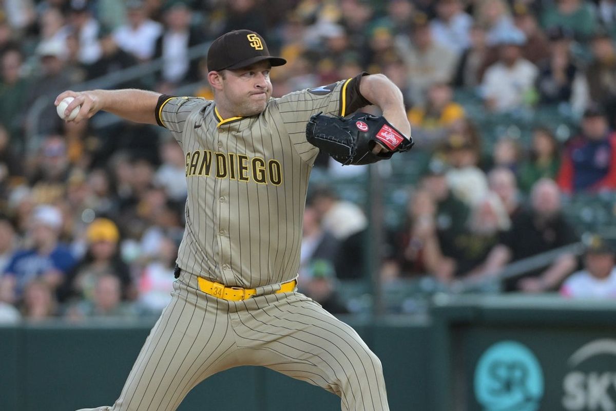 Apr 7, 2025; West Sacramento, California, USA; San Diego Padres pitcher Michael King (34) throws a pitch against the Athletics during the first inning at Sutter Health Park. Mandatory Credit: Ed Szczepanski-Imagn Images