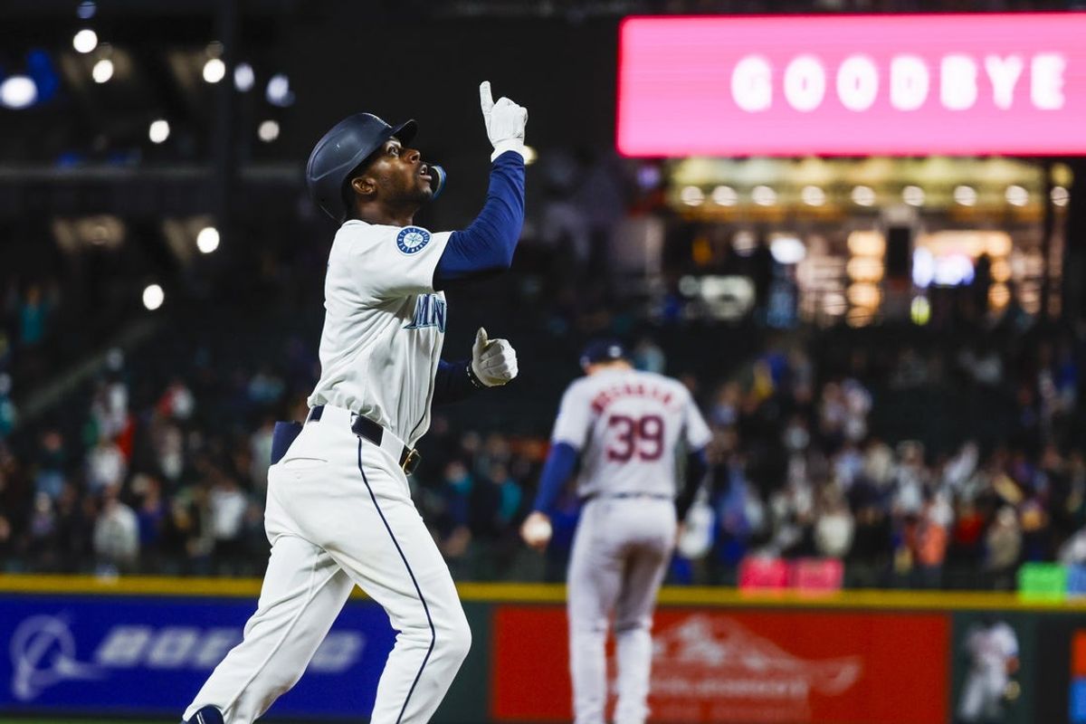 Apr 7, 2025; Seattle, Washington, USA; Seattle Mariners second baseman Ryan Bliss (1) runs the bases after hitting a two-run home run against the Houston Astros during the fifth inning at T-Mobile Park. Mandatory Credit: Joe Nicholson-Imagn Images