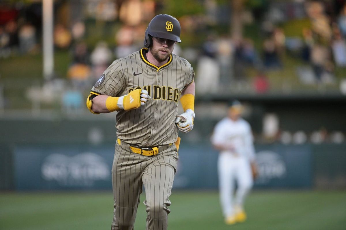 Apr 7, 2025; West Sacramento, California, USA; San Diego Padres first base Jake Cronenworth (9) rounds the bases after hitting a home run against the Athletics during the first inning at Sutter Health Park. Mandatory Credit: Ed Szczepanski-Imagn Images