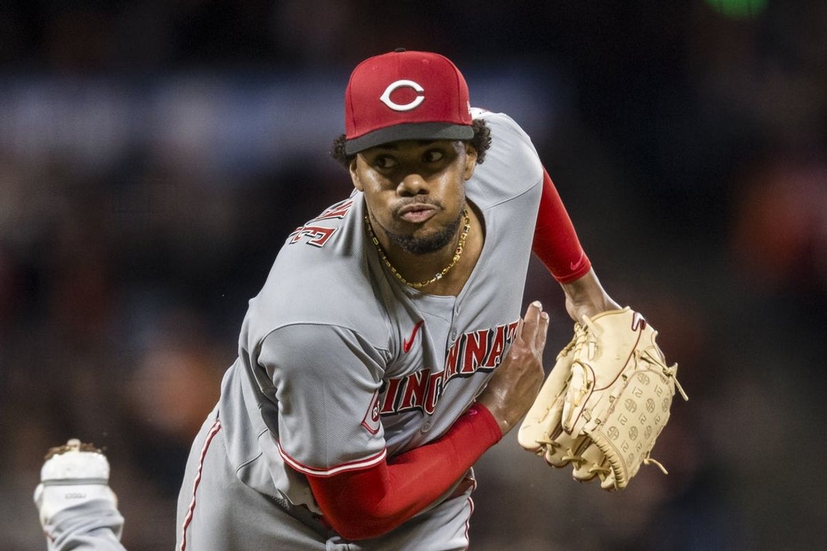 Apr 7, 2025; San Francisco, California, USA;  Cincinnati Reds starting pitcher Hunter Greene (21) reacts after throwing against the San Francisco Giants during the ninth inning at Oracle Park. Mandatory Credit: John Hefti-Imagn Images