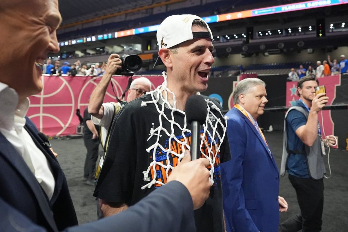 Apr 7, 2025; San Antonio, TX, USA; Florida Gators head coach Todd Golden is interviewed after winning the national championship game of the Final Four of the 2025 NCAA Tournament at the Alamodome. Mandatory Credit: Bob Donnan-Imagn Images