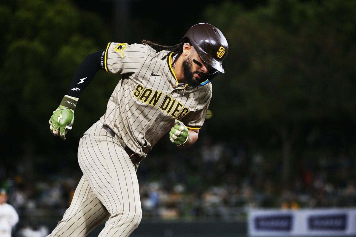 Apr 7, 2025; West Sacramento, California, USA; San Diego Padres outfielder Fernando Tatis Jr. (23) rounds the bases after hitting a home run against the Athletics during the sixth inning at Sutter Health Park. Mandatory Credit: Ed Szczepanski-Imagn Images
