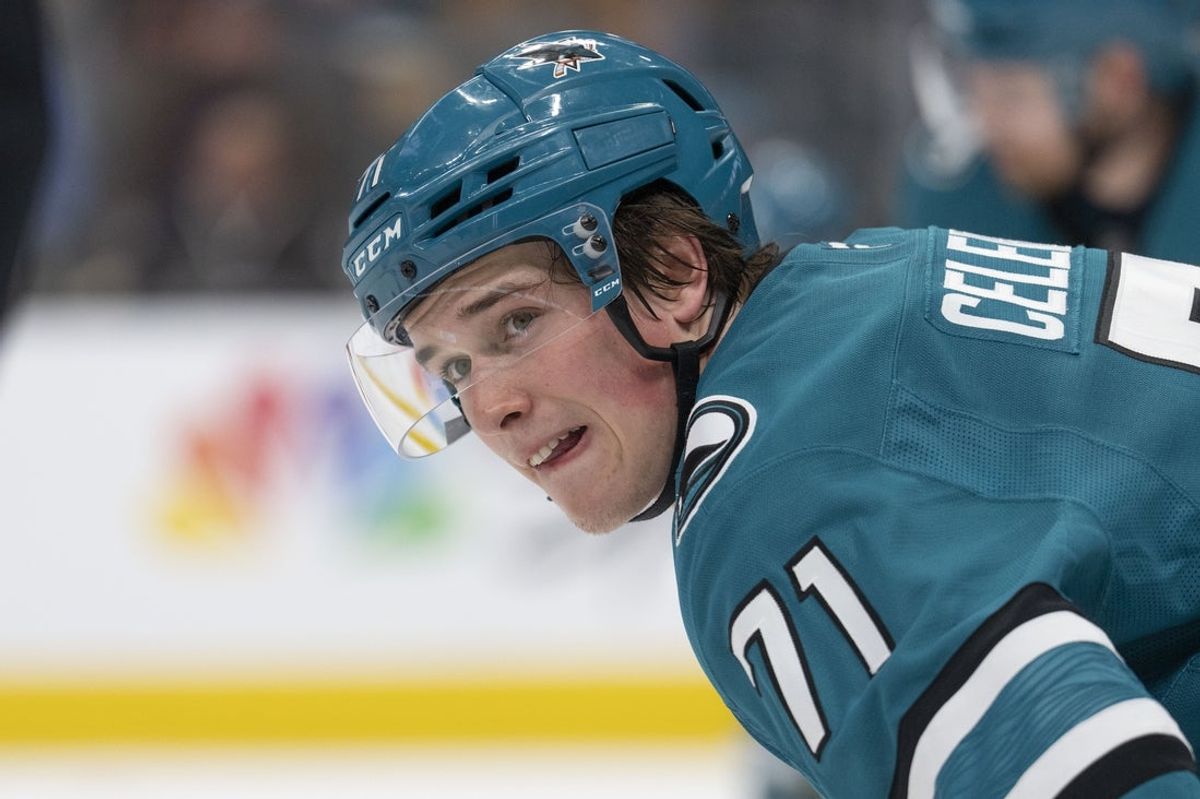 Apr 7, 2025; San Jose, California, USA;  San Jose Sharks center Macklin Celebrini (71) during the third period against the Calgary Flames at SAP Center at San Jose. Mandatory Credit: Stan Szeto-Imagn Images