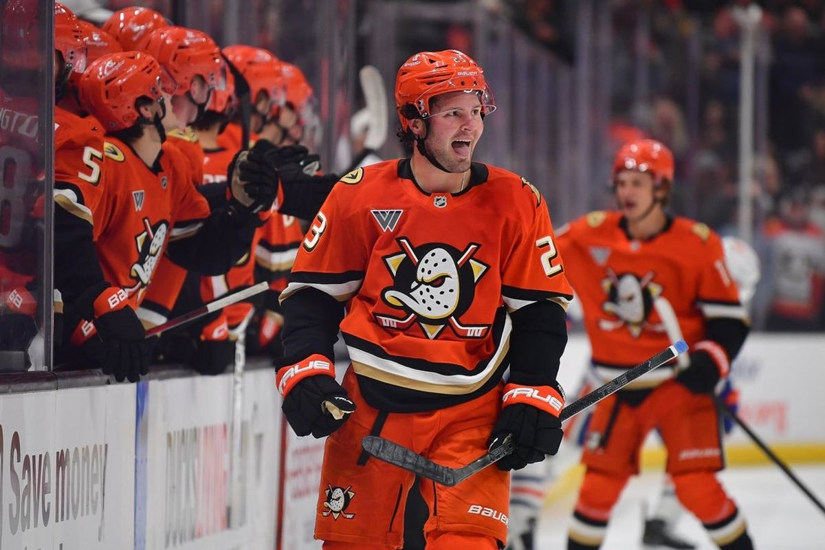Apr 7, 2025; Anaheim, California, USA; Anaheim Ducks center Mason McTavish (23) celebrates his goal scored against the Edmonton Oilers during the third period at Honda Center. Mandatory Credit: Gary A. Vasquez-Imagn Images