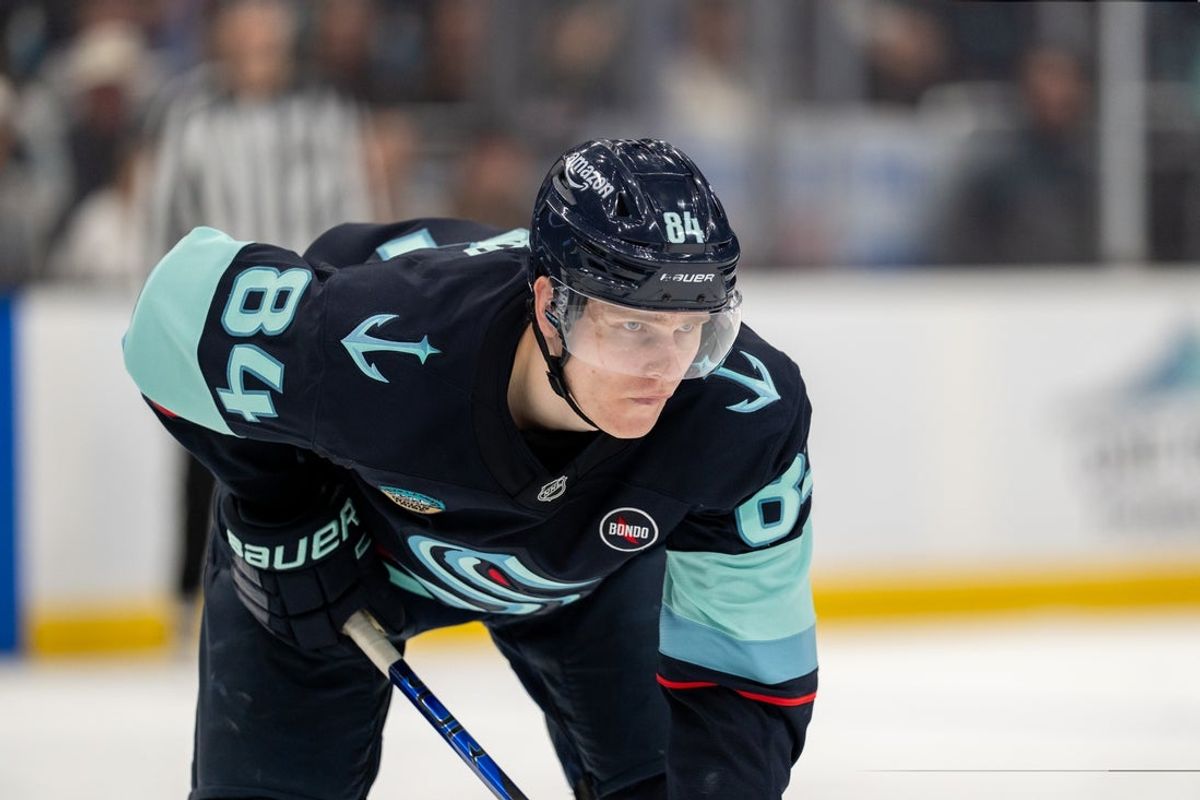 Mar 16, 2025; Seattle, Washington, USA;  Seattle Kraken forward Kaapo Kakko (84) is pictured during a game against the Winnipeg Jets at Climate Pledge Arena. Mandatory Credit: Stephen Brashear-Imagn Images