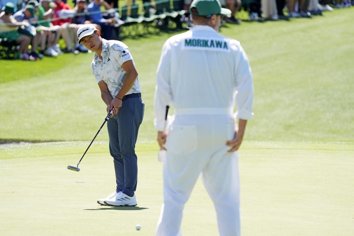 Apr 8, 2025; Augusta, Georgia, USA; Collin Morikawa plays on the 16th green during a practice round for the Masters Tournament at Augusta National Golf Club. Mandatory Credit: Katie Goodale-Imagn Images