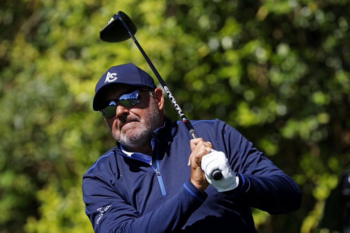 Apr 8, 2025; Augusta, Georgia, USA; Angel Cabrera takes a shot off the 14th tee during a practice round for the Masters Tournament at Augusta National Golf Club. Mandatory Credit: Peter Casey-Imagn Images