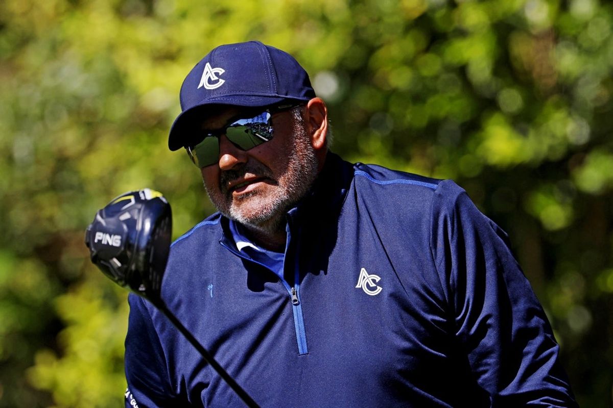 Apr 8, 2025; Augusta, Georgia, USA; Angel Cabrera takes a shot from the 14th tee during a practice round for the Masters Tournament at Augusta National Golf Club. Mandatory Credit: Peter Casey-Imagn Images