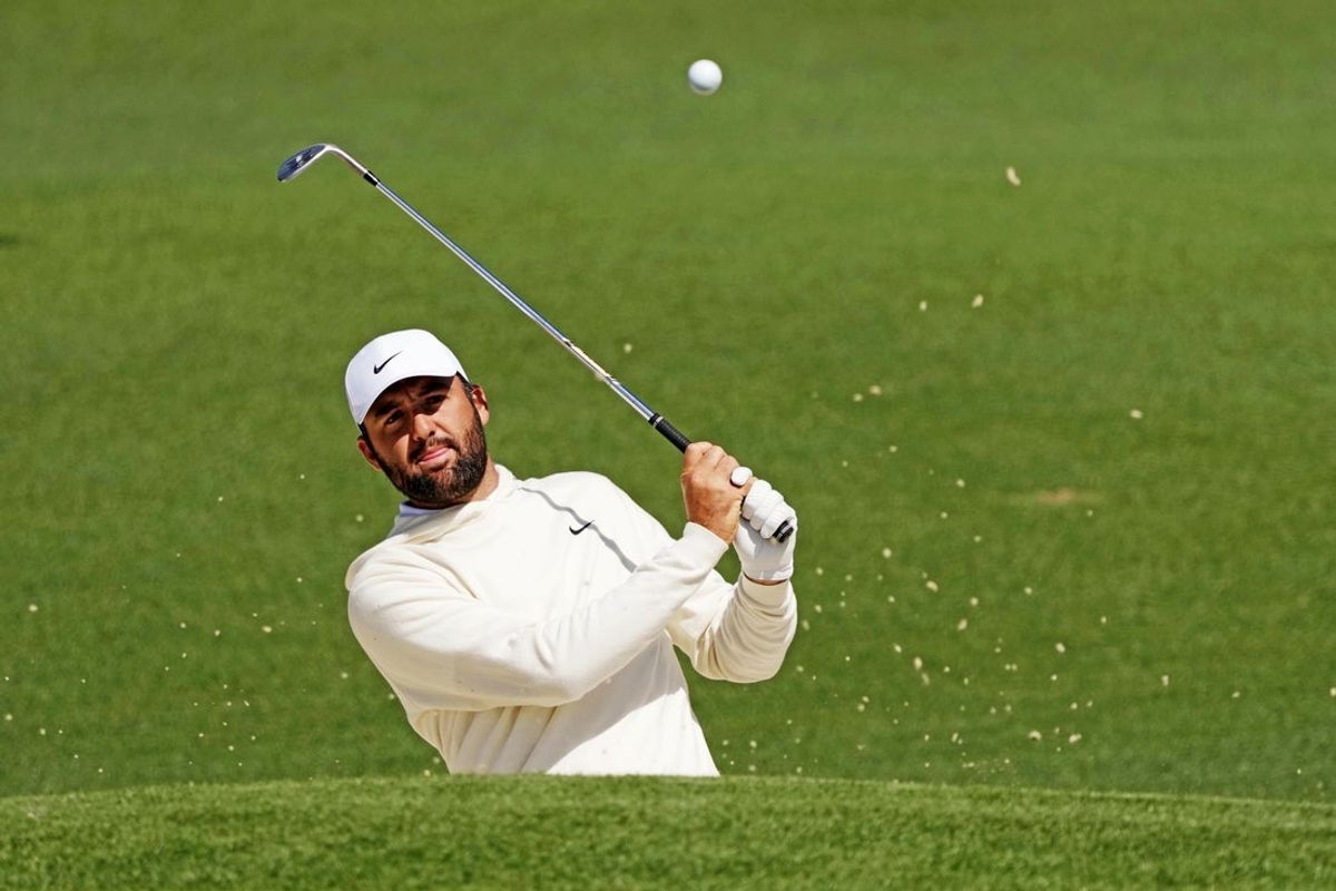 Apr 8, 2025; Augusta, Georgia, USA; Scottie Scheffler plays on the second fairway during a practice round for the Masters Tournament at Augusta National Golf Club. Mandatory Credit: Michael Madrid-Imagn Images