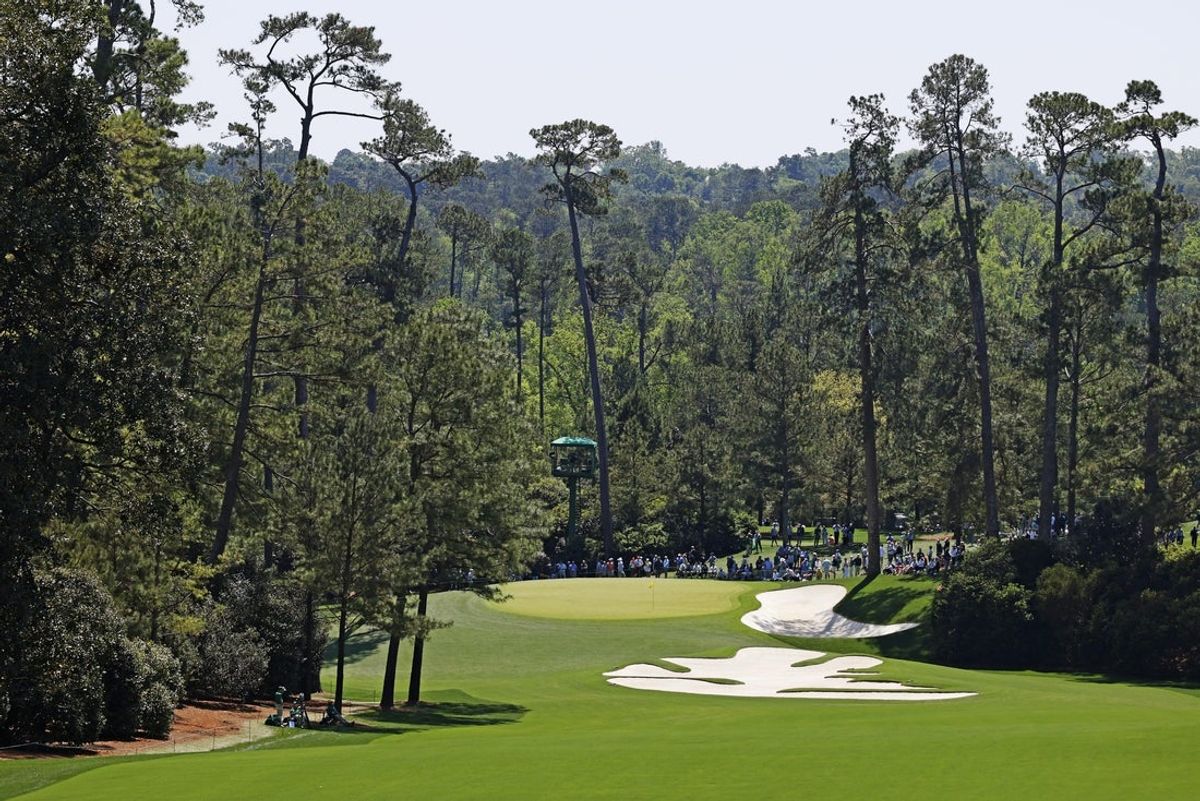 Apr 8, 2025; Augusta, Georgia, USA; A general view of the tenth green during a practice round for the Masters Tournament at Augusta National Golf Club. Mandatory Credit: Peter Casey-Imagn Images