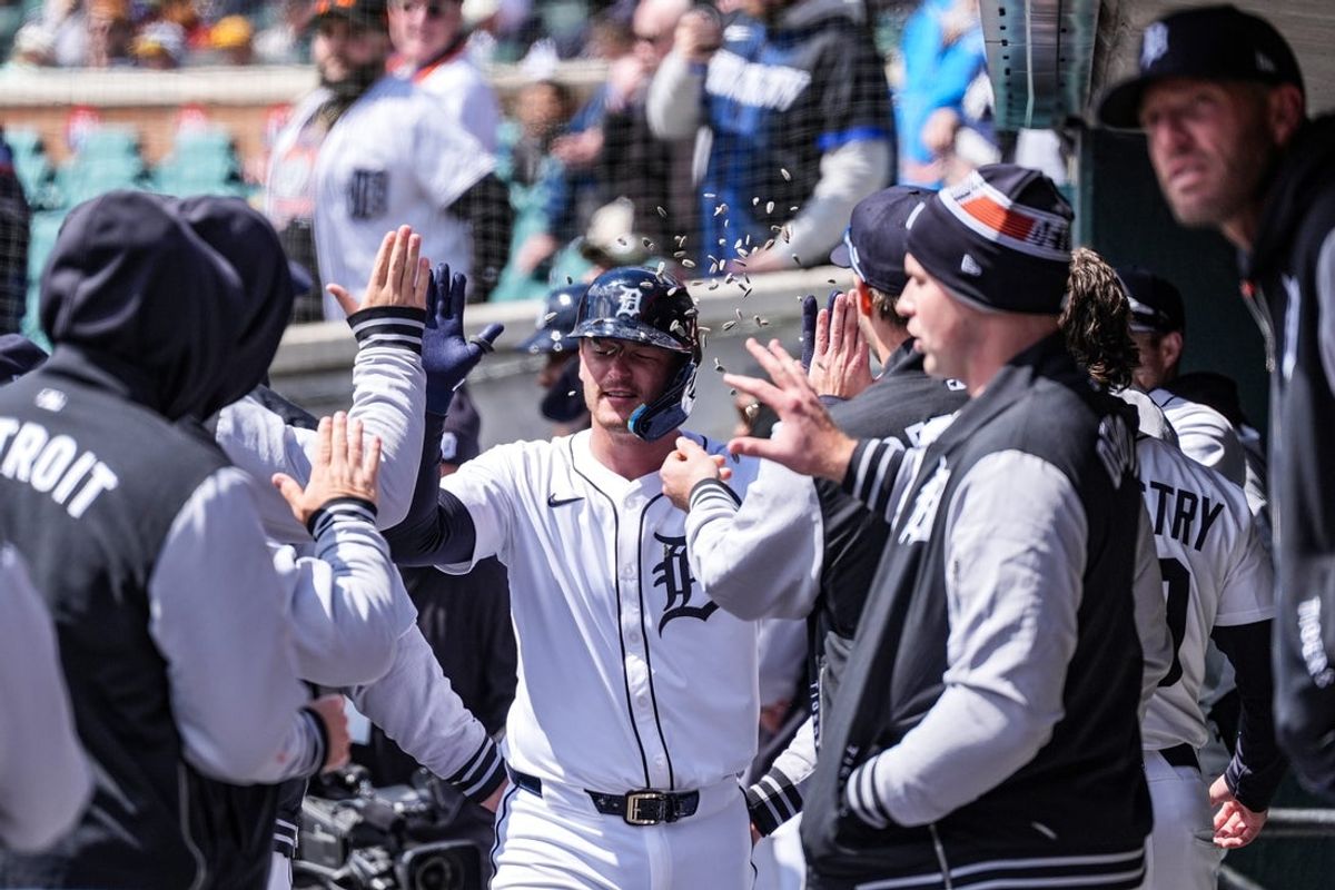 Teammates throw sunflower seeds in the face of Detroit Tigers catcher Dillon Dingler (13) after he hits a homerun in the 4th inning at Comerica Park in Detroit, Tuesday, April 8, 2025.