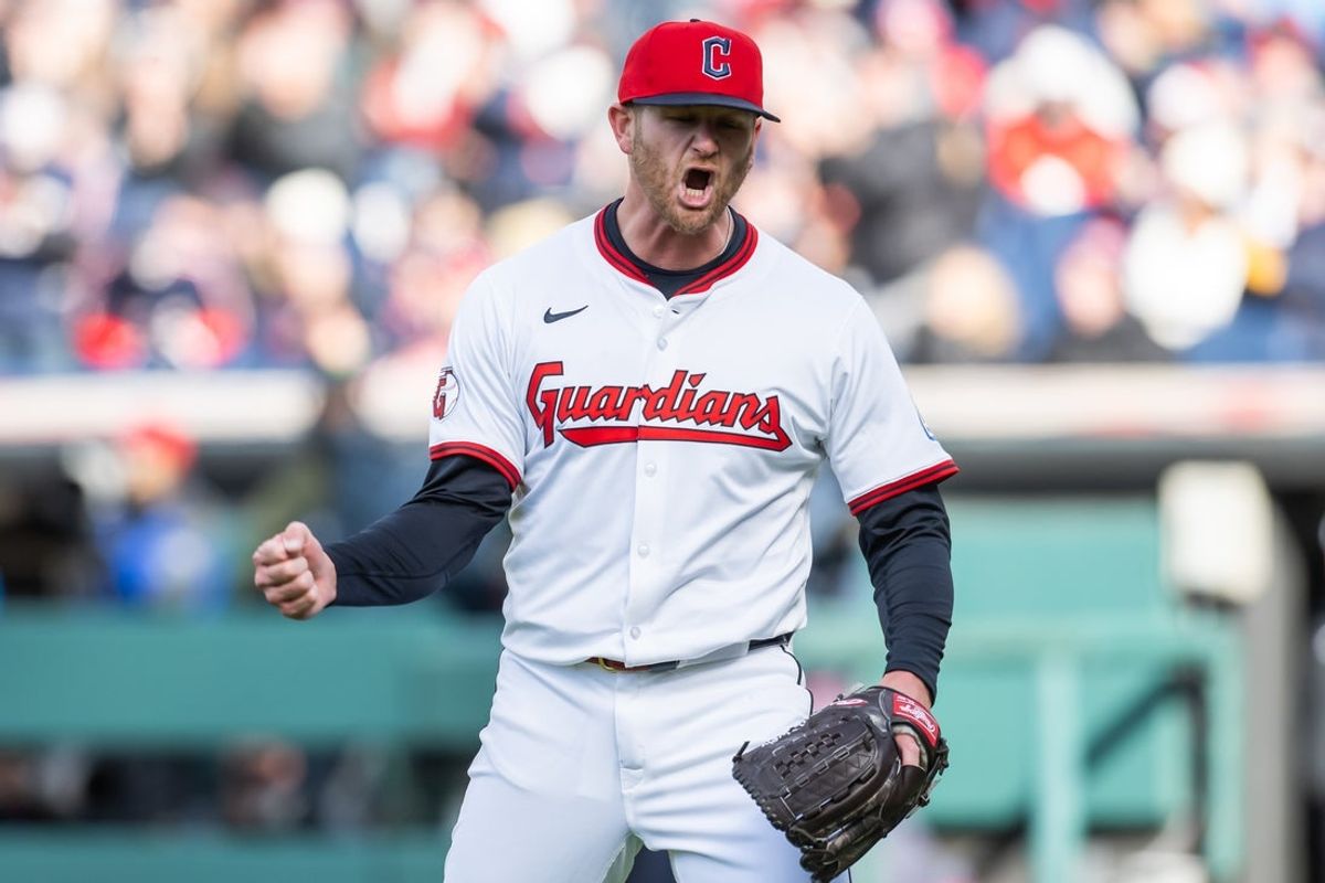 Apr 8, 2025; Cleveland, Ohio, USA; Cleveland Guardians starting pitcher Ben Lively (39) reacts after a double play during the fourth inning against the Chicago White Sox at Progressive Field. Mandatory Credit: Ken Blaze-Imagn Images