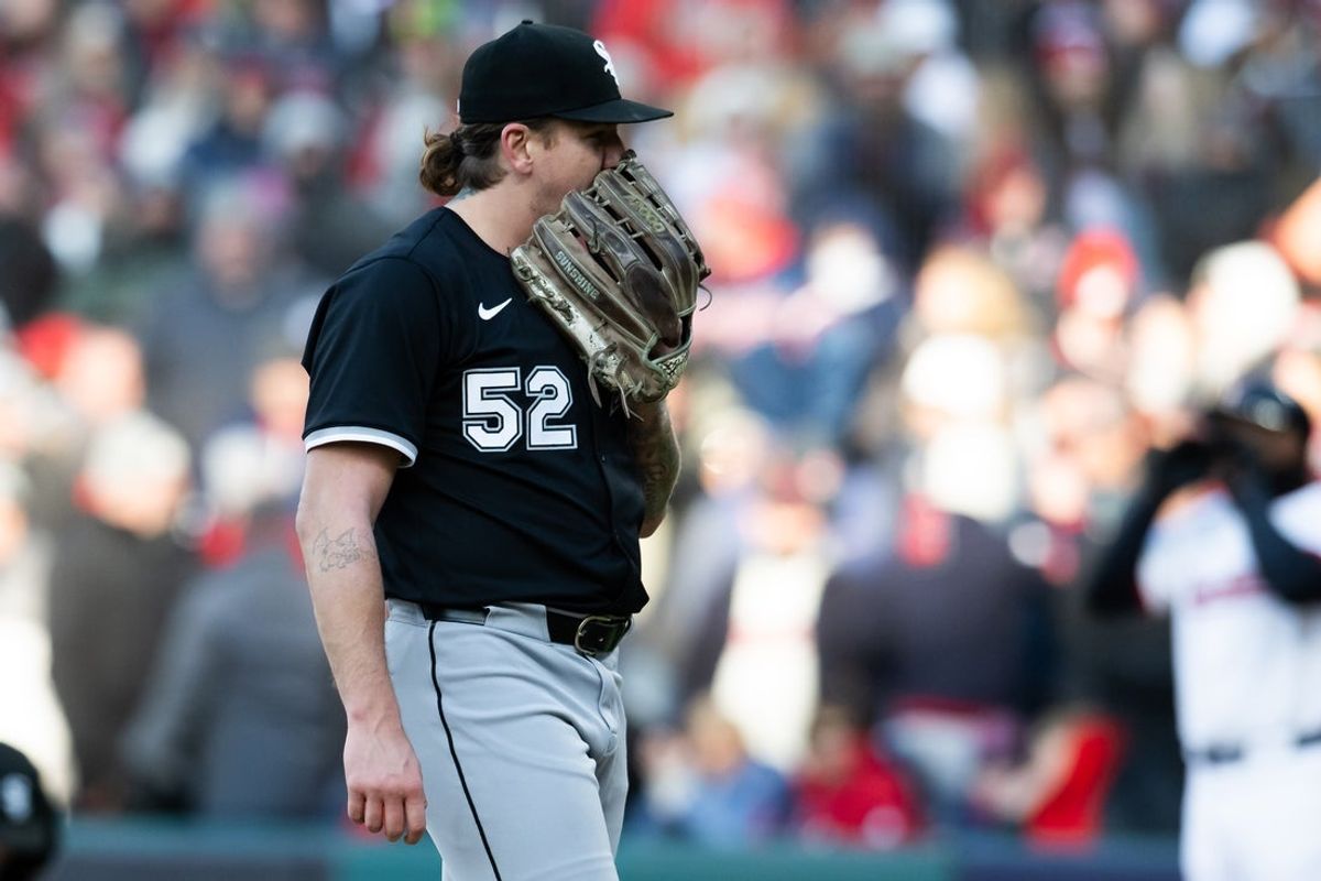 Apr 8, 2025; Cleveland, Ohio, USA; Chicago White Sox pitcher Mike Clevinger (52) reacts during the ninth inning against the Cleveland Guardians  at Progressive Field. Mandatory Credit: Ken Blaze-Imagn Images