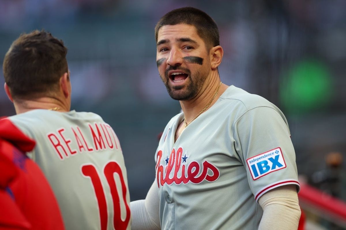 Apr 8, 2025; Atlanta, Georgia, USA; Philadelphia Phillies right fielder Nick Castellanos (8) in the dugout against the Atlanta Braves in the second inning at Truist Park. Mandatory Credit: Brett Davis-Imagn Images