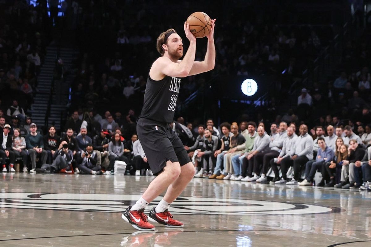 Apr 8, 2025; Brooklyn, New York, USA;  Brooklyn Nets forward Drew Timme (26) takes a three point shot in the first quarter against the New Orleans Pelicans at Barclays Center. Mandatory Credit: Wendell Cruz-Imagn Images