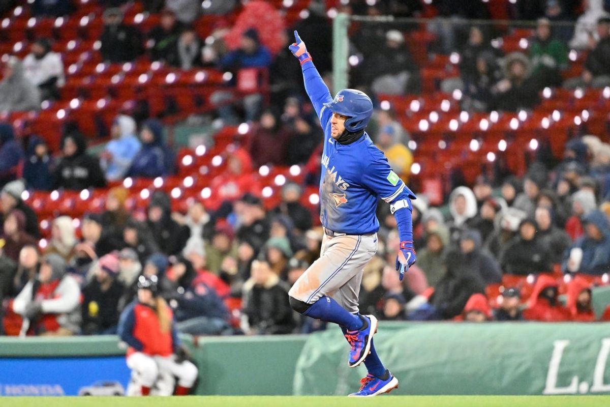 Apr 8, 2025; Boston, Massachusetts, USA; Toronto Blue Jays right fielder George Springer (4) runs the bases after hitting a home run against the Boston Red Sox during the sixth inning at Fenway Park. Mandatory Credit: Eric Canha-Imagn Images