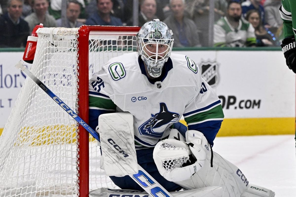 Apr 8, 2025; Dallas, Texas, USA; Vancouver Canucks goaltender Thatcher Demko (35) faces the Dallas Stars attack during the second period at the American Airlines Center. Mandatory Credit: Jerome Miron-Imagn Images