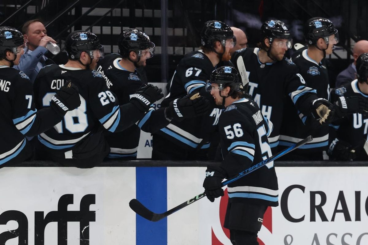 Apr 8, 2025; Salt Lake City, Utah, USA; Utah Hockey Club right wing Kailer Yamamoto (56) celebrates a power play goal against the Seattle Kraken during the first period at Delta Center. Mandatory Credit: Rob Gray-Imagn Images