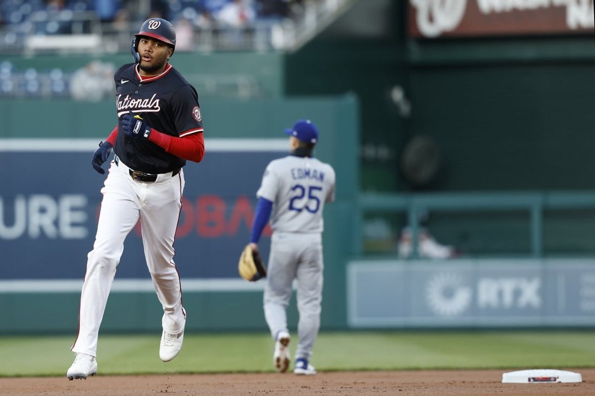 Apr 8, 2025; Washington, District of Columbia, USA; Washington Nationals outfielder James Wood (29) rounds the bases after hitting a two run home run against the Los Angeles Dodgers during the first inning at Nationals Park. Mandatory Credit: Geoff Burke-Imagn Images