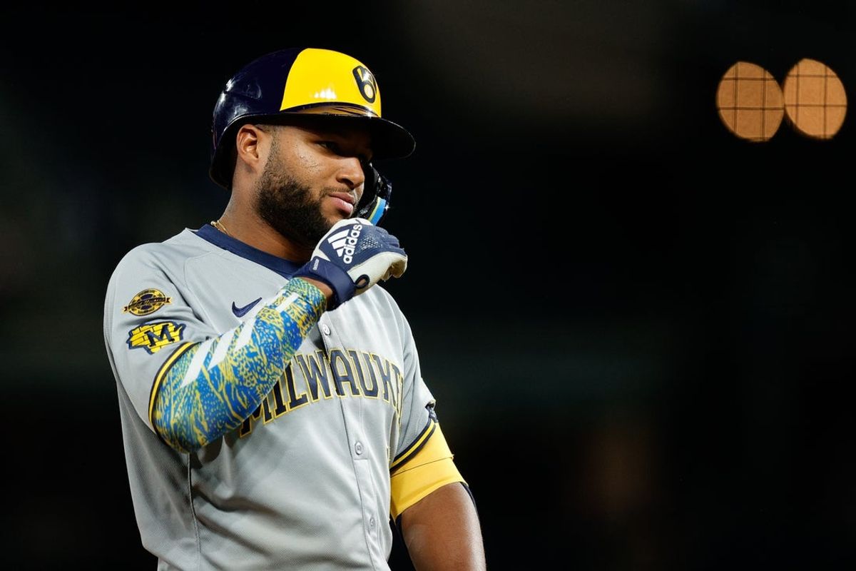 Apr 8, 2025; Denver, Colorado, USA; Milwaukee Brewers right fielder Jackson Chourio (11) reacts after a triple in the fifth inning against the Colorado Rockies at Coors Field. Mandatory Credit: Isaiah J. Downing-Imagn Images