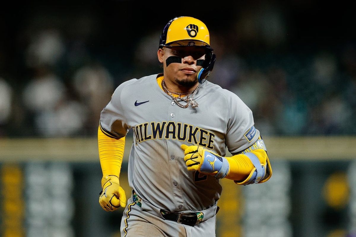 Apr 8, 2025; Denver, Colorado, USA; Milwaukee Brewers catcher William Contreras (24) rounds the bases on a solo home run in the seventh inning against the Colorado Rockies at Coors Field. Mandatory Credit: Isaiah J. Downing-Imagn Images