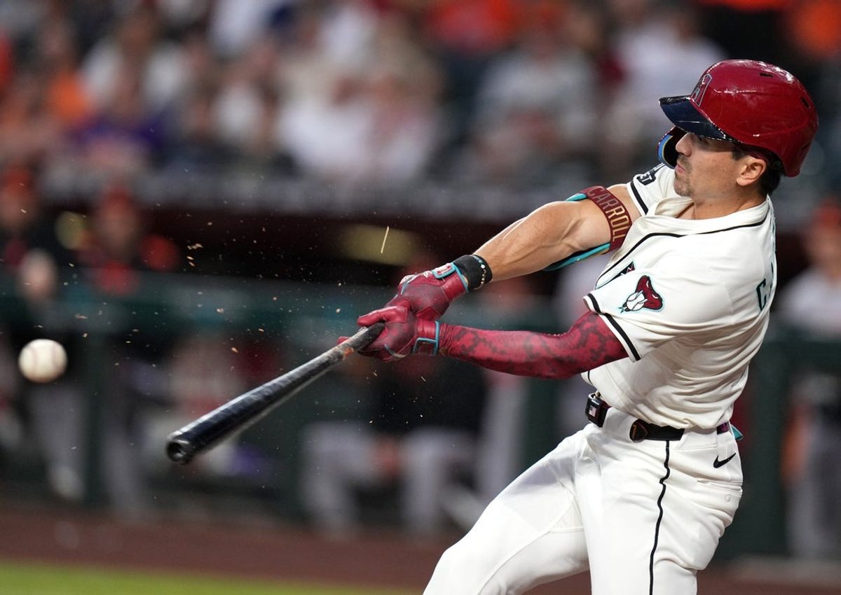 Arizona Diamondbacks' Carbin Carroll (7) breaks his bat on a pitch against the Baltimore Orioles at Chase Field in Phoenix on April 8, 2025.