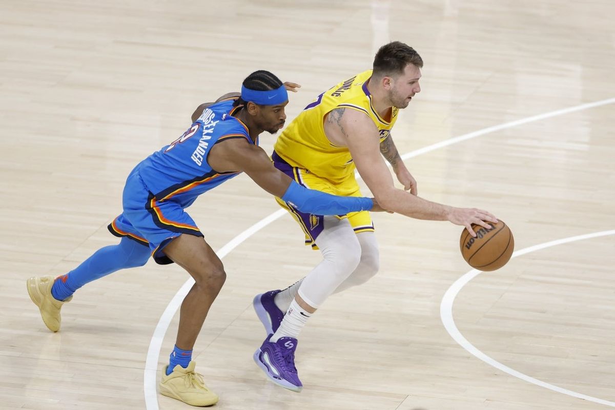 Oklahoma City Thunder guard Shai Gilgeous-Alexander and Los Angeles Lakers guard Luka Doncic are in line to get paid with record-setting contract extensions this summer. Mandatory Credit: Alonzo Adams-Imagn Images