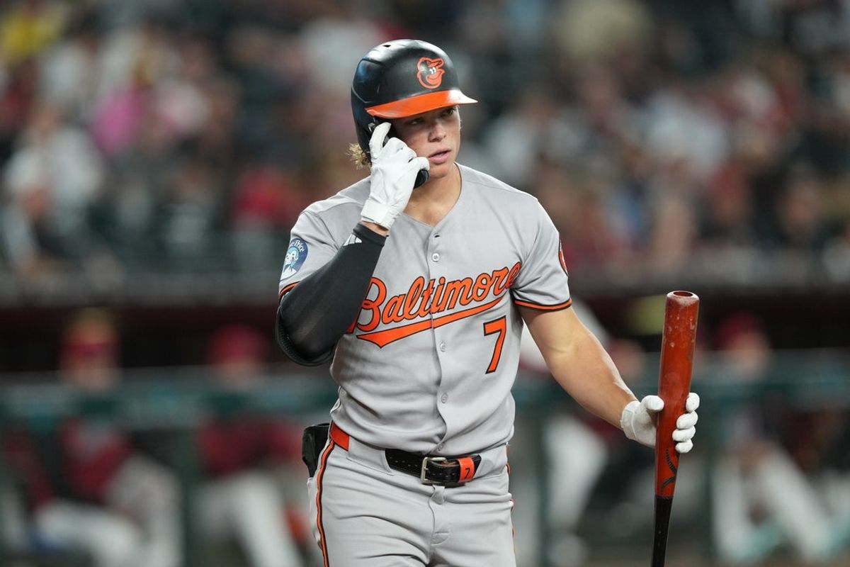 Apr 8, 2025; Phoenix, Arizona, USA; Baltimore Orioles second base Jackson Holliday (7) looks on against the Arizona Diamondbacks during the fourth inning at Chase Field. Mandatory Credit: Joe Camporeale-Imagn Images