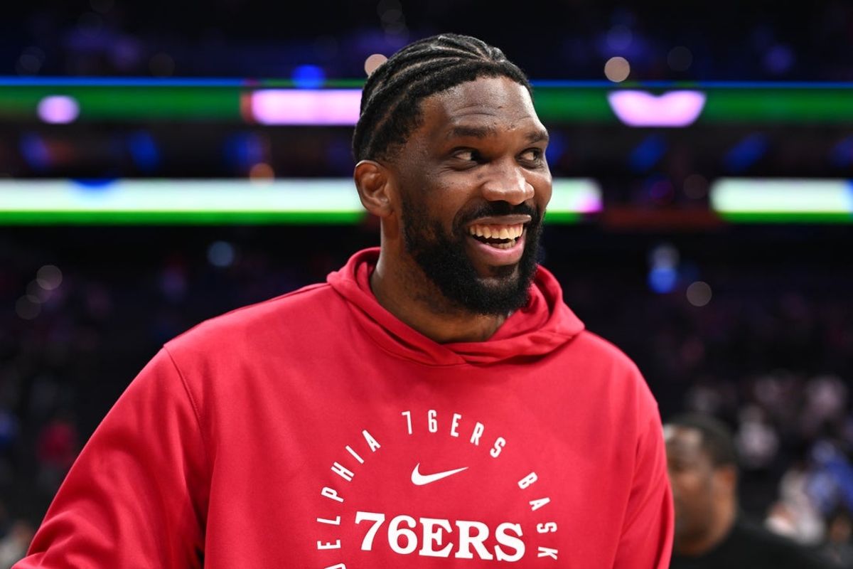 Apr 5, 2025; Philadelphia, Pennsylvania, USA; Philadelphia 76ers center Joel Embiid reacts after the game against the Minnesota Timberwolves at Wells Fargo Center. Mandatory Credit: Kyle Ross-Imagn Images