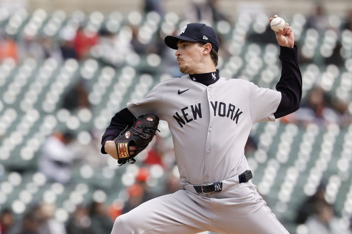 Apr 9, 2025; Detroit, Michigan, USA;  New York Yankees pitcher Max Fried (54) pitches in the first inning against the Detroit Tigers at Comerica Park. Mandatory Credit: Rick Osentoski-Imagn Images