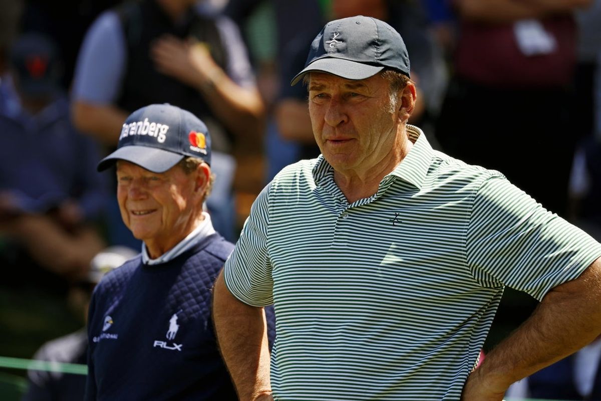 Apr 9, 2025; Augusta, Georgia, USA; Tom Watson and Nick Faldo walk on the sixth green during the Par 3 Contest at Augusta National Golf Club. Mandatory Credit: Peter Casey-Imagn Images