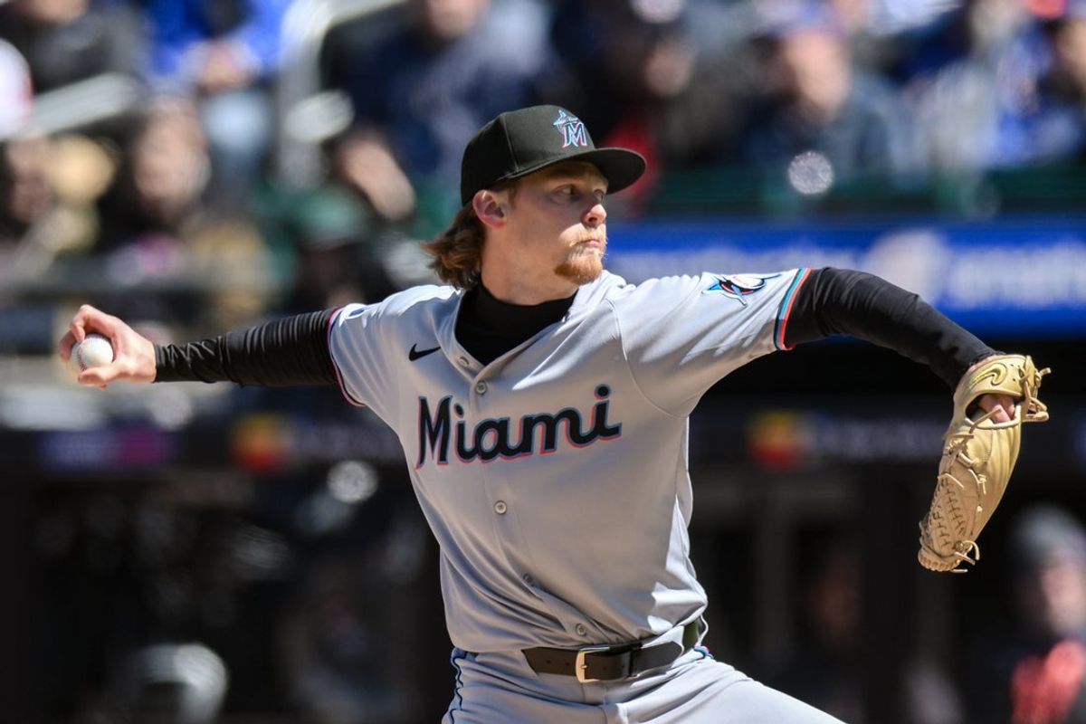 Apr 9, 2025; New York City, New York, USA; Miami Marlins pitcher Max Meyer (23) pitches against the New York Mets during the third inning at Citi Field. Mandatory Credit: John Jones-Imagn Images
