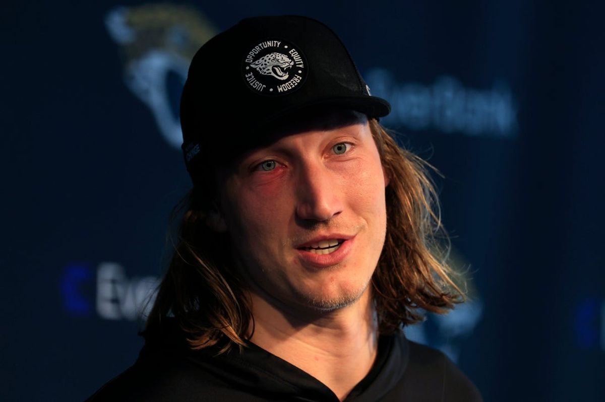 Jacksonville Jaguars quarterback Trevor Lawrence (16) speaks during a press conference at Miller Electric Center Wednesday, April 9, 2025 in Jacksonville, Fla. [Corey Perrine/Florida Times-Union]