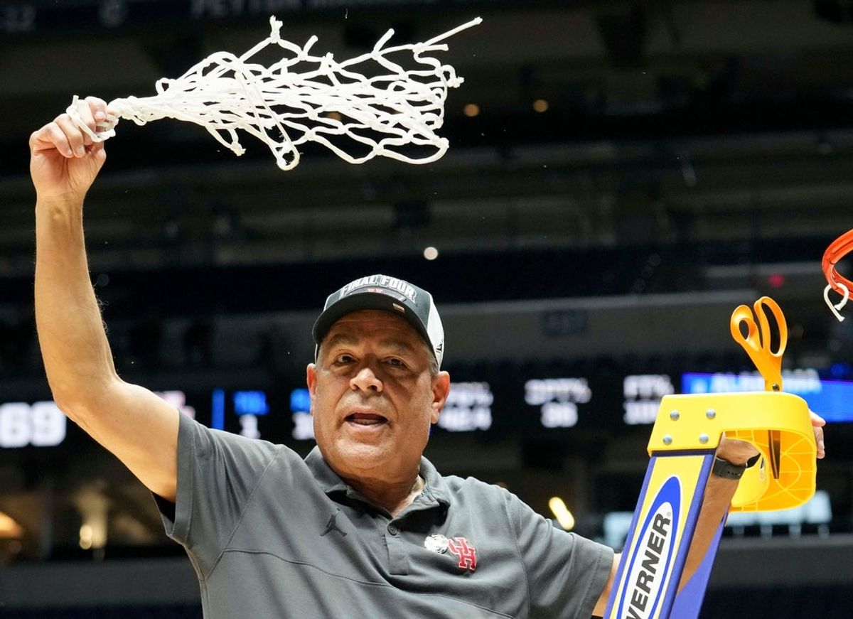 Houston Cougars head coach Kelvin Sampson celebrates after his team defeats the Tennessee Volunteers in a game Sunday, March 30, 2025, during the Elite Eight round of the NCAA March Madness tournament at Lucas Oil Stadium in Indianapolis. Houston defeated Tennessee 69-50.