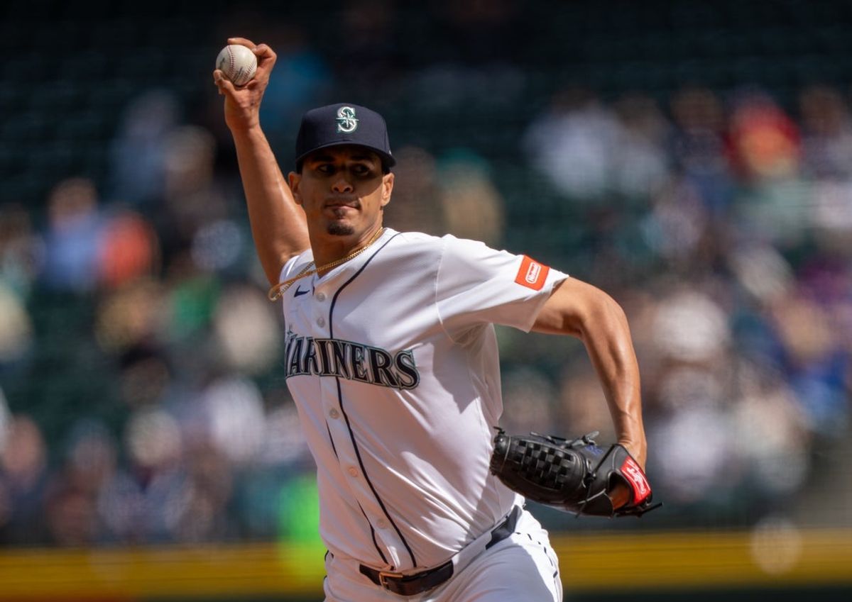 Apr 9, 2025; Seattle, Washington, USA;  Seattle Mariners starter Luis F. Castillo (43) delivers a pitch during the third inning against the Houston Astros at T-Mobile Park. Mandatory Credit: Stephen Brashear-Imagn Images