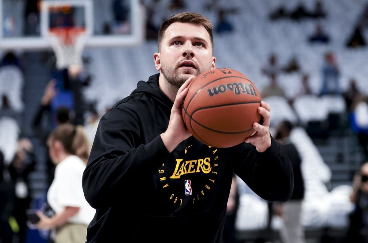 Apr 9, 2025; Dallas, Texas, USA;  Los Angeles Lakers guard Luka Doncic (77) warms up before the game against the Dallas Mavericks at American Airlines Center. Mandatory Credit: Kevin Jairaj-Imagn Images